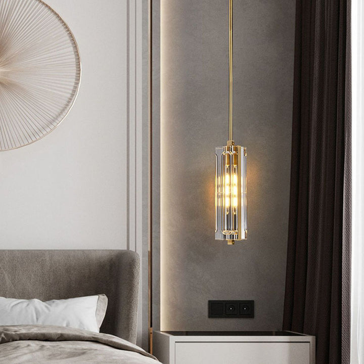 Moderne Luxus runde Zylinder Kupfer Kristall 1-Licht Pendelleuchte für Schlafzimmer 