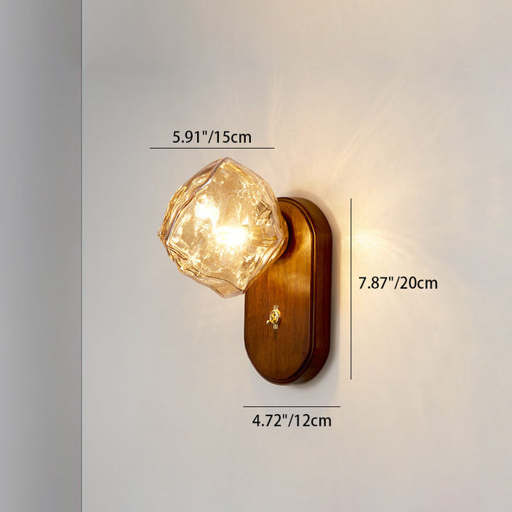 Lampe murale ovale en verre et bois avec cube de glace traditionnel japonais à 1 lumière pour chambre 