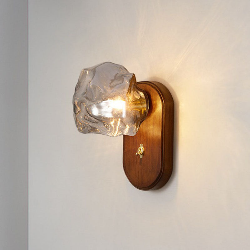 Lampe murale ovale en verre et bois avec cube de glace traditionnel japonais à 1 lumière pour chambre 