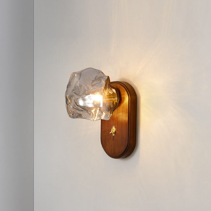 Lampe murale ovale en verre et bois avec cube de glace traditionnel japonais à 1 lumière pour chambre 