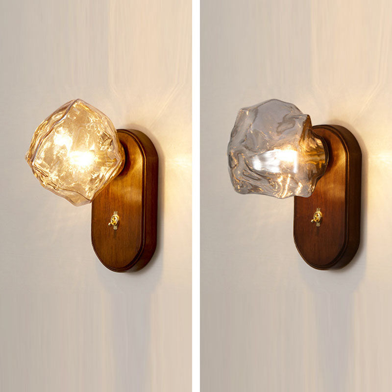 Lampe murale ovale en verre et bois avec cube de glace traditionnel japonais à 1 lumière pour chambre 