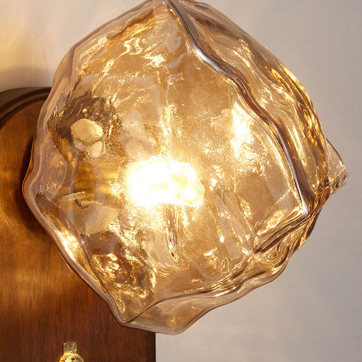 Lampe murale ovale en verre et bois avec cube de glace traditionnel japonais à 1 lumière pour chambre 