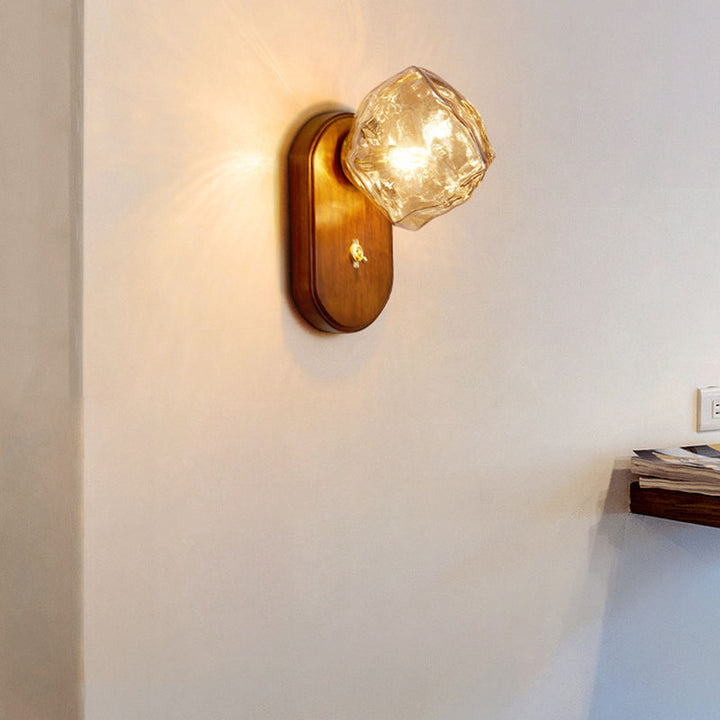 Lampe murale ovale en verre et bois avec cube de glace traditionnel japonais à 1 lumière pour chambre 