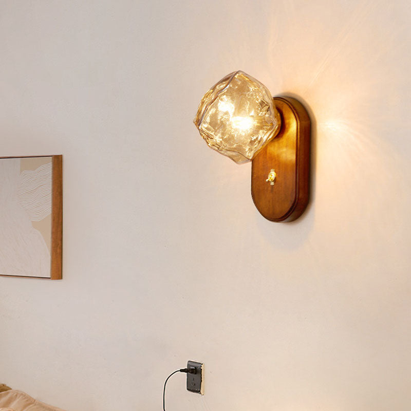 Lampe murale ovale en verre et bois avec cube de glace traditionnel japonais à 1 lumière pour chambre 