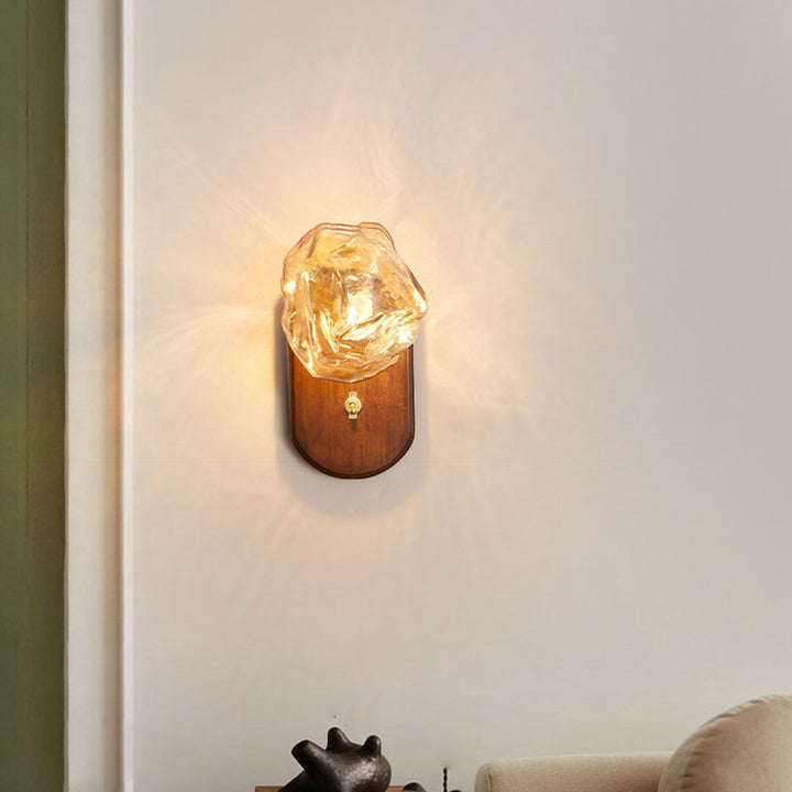 Lampe murale ovale en verre et bois avec cube de glace traditionnel japonais à 1 lumière pour chambre 