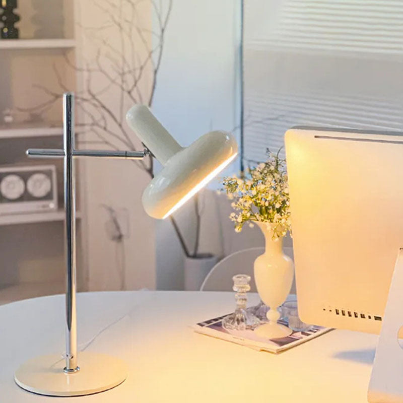 Lampe de table LED en fer avec abat-jour rotatif rond en crème USB scandinave contemporaine pour chambre à coucher 
