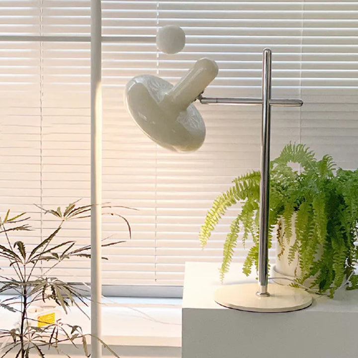 Lampe de table LED en fer avec abat-jour rotatif rond en crème USB scandinave contemporaine pour chambre à coucher 