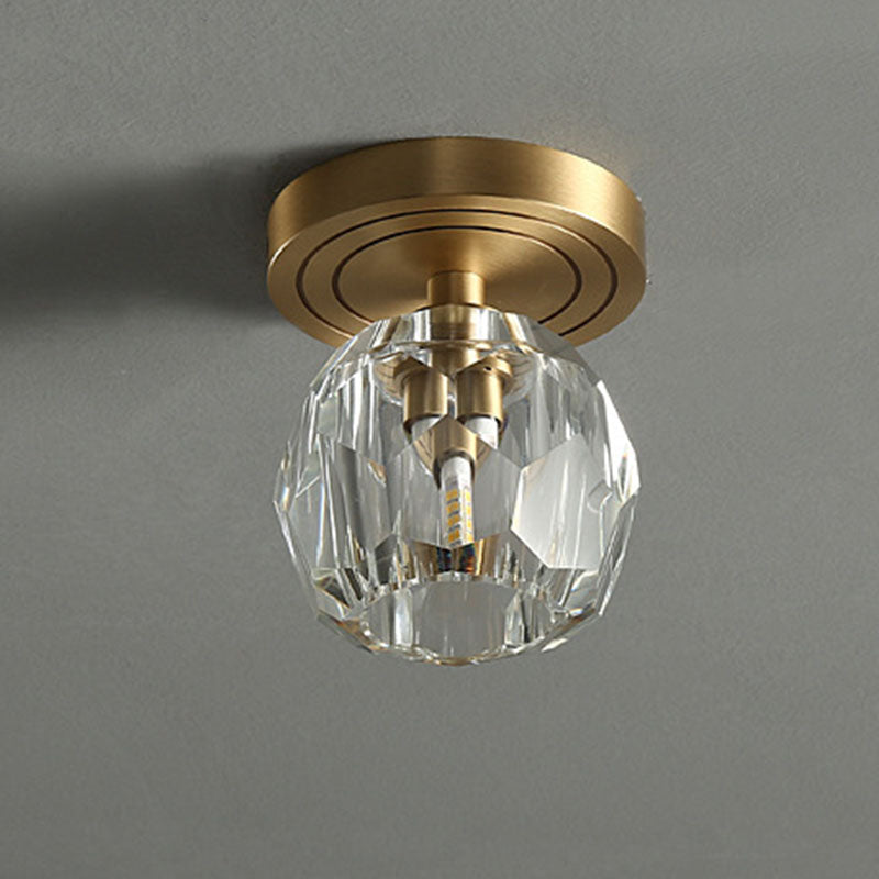 Modern Luxury Round Copper Crystal 1-Light Semi-Flush Mount Ceiling Light For Hallway