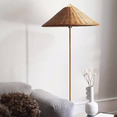 Moderner minimalistischer Regenschirmkegel Eisen Bambus Stoff 3-Licht Stehlampe für Wohnzimmer 