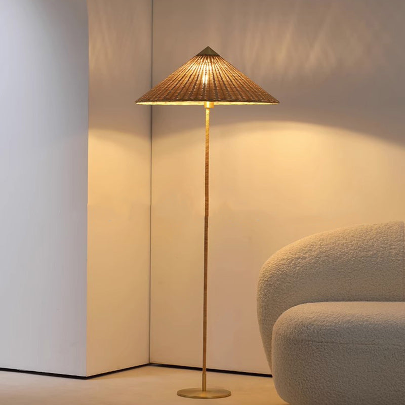 Moderner minimalistischer Regenschirmkegel Eisen Bambus Stoff 3-Licht Stehlampe für Wohnzimmer 