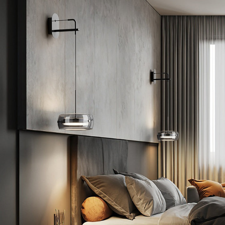 Zeitgenössische skandinavische runde Zylinder Eisen Aluminium Glas LED Wandleuchte für das Schlafzimmer 
