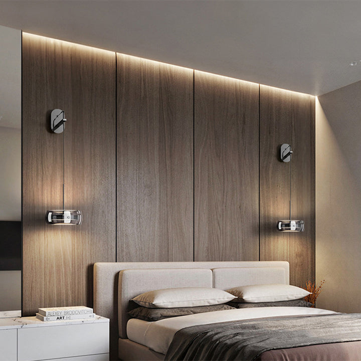 Zeitgenössische skandinavische runde Zylinder Eisen Aluminium Glas LED Wandleuchte für das Schlafzimmer 