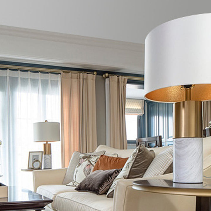 Lampe de table moderne minimaliste cylindre rond en métal marbre tissu 1-lumière pour chambre 