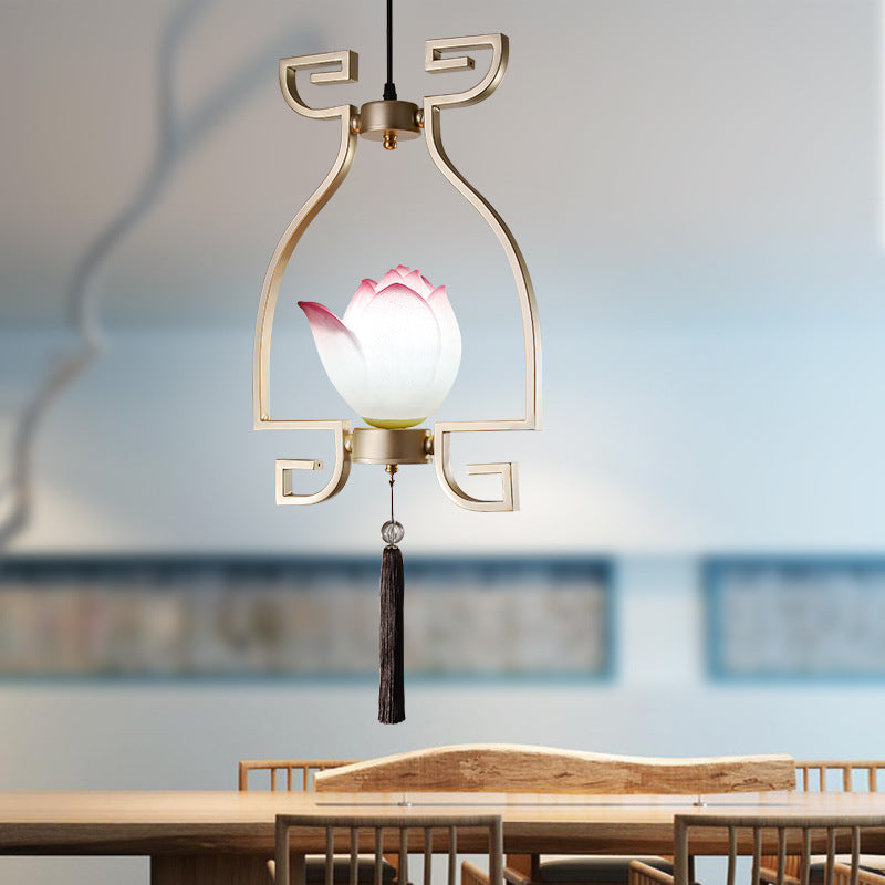 Chandelier traditionnel chinois en résine de fer linéaire ronde de lotus 1/3 lumière pour salle à manger 