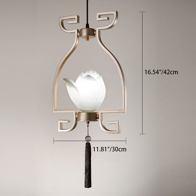 Chandelier traditionnel chinois en résine de fer linéaire ronde de lotus 1/3 lumière pour salle à manger 