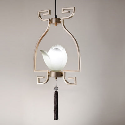 Chandelier traditionnel chinois en résine de fer linéaire ronde de lotus 1/3 lumière pour salle à manger 