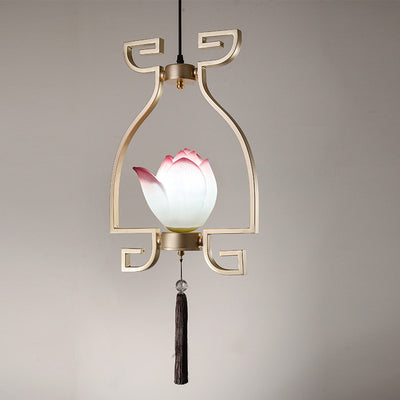 Chandelier traditionnel chinois en résine de fer linéaire ronde de lotus 1/3 lumière pour salle à manger 