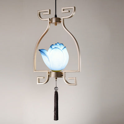 Chandelier traditionnel chinois en résine de fer linéaire ronde de lotus 1/3 lumière pour salle à manger 