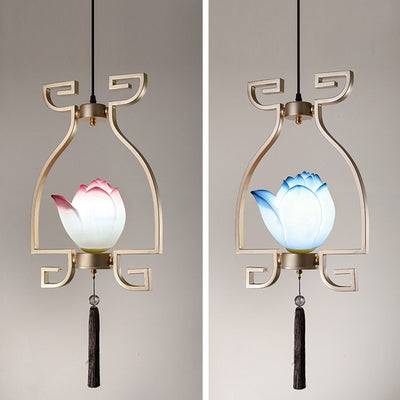 Chandelier traditionnel chinois en résine de fer linéaire ronde de lotus 1/3 lumière pour salle à manger 