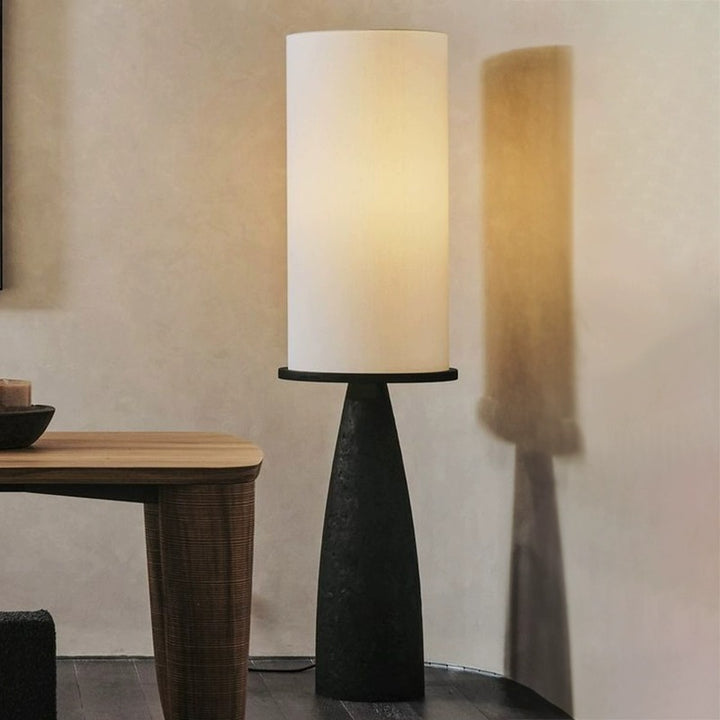 Lámpara de pie de 1 luz contemporánea escandinava con pantalla redonda cilíndrica y cónica de tela y madera maciza para sala de estar 