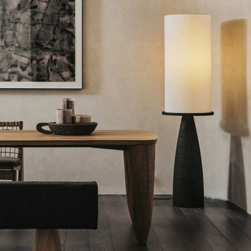 Lámpara de pie de 1 luz contemporánea escandinava con pantalla redonda cilíndrica y cónica de tela y madera maciza para sala de estar 