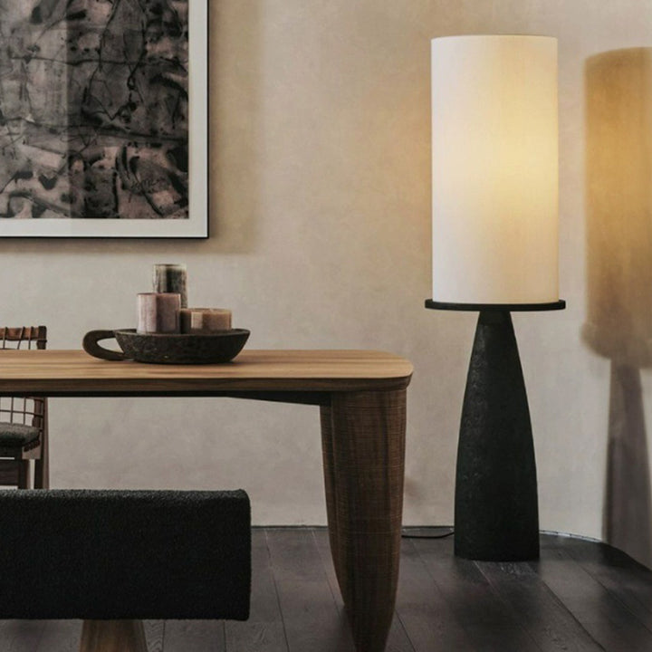 Lámpara de pie de 1 luz contemporánea escandinava con pantalla redonda cilíndrica y cónica de tela y madera maciza para sala de estar 