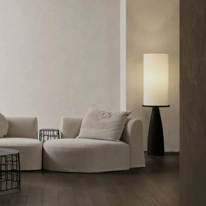 Lámpara de pie de 1 luz contemporánea escandinava con pantalla redonda cilíndrica y cónica de tela y madera maciza para sala de estar 