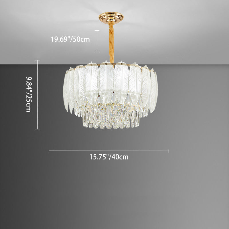 Lustre en fer rond à plumes crème traditionnel français avec cristaux 5/8/11/15/21 lumières pour salon 