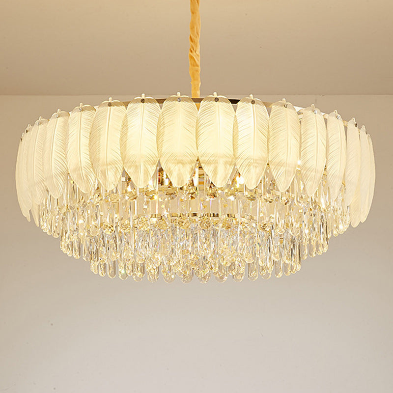 Lustre en fer rond à plumes crème traditionnel français avec cristaux 5/8/11/15/21 lumières pour salon 