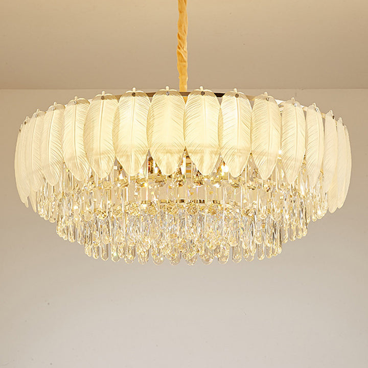 Lustre en fer rond à plumes crème traditionnel français avec cristaux 5/8/11/15/21 lumières pour salon 