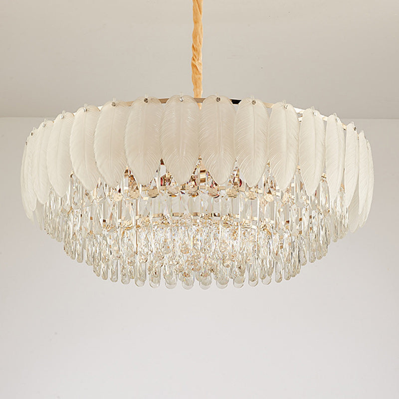 Lustre en fer rond à plumes crème traditionnel français avec cristaux 5/8/11/15/21 lumières pour salon 