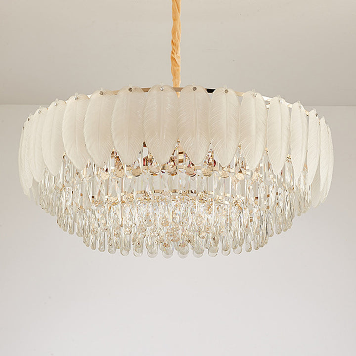 Lustre en fer rond à plumes crème traditionnel français avec cristaux 5/8/11/15/21 lumières pour salon 