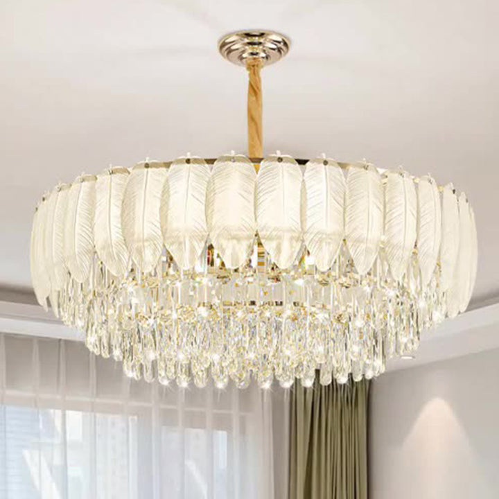 Lustre en fer rond à plumes crème traditionnel français avec cristaux 5/8/11/15/21 lumières pour salon 