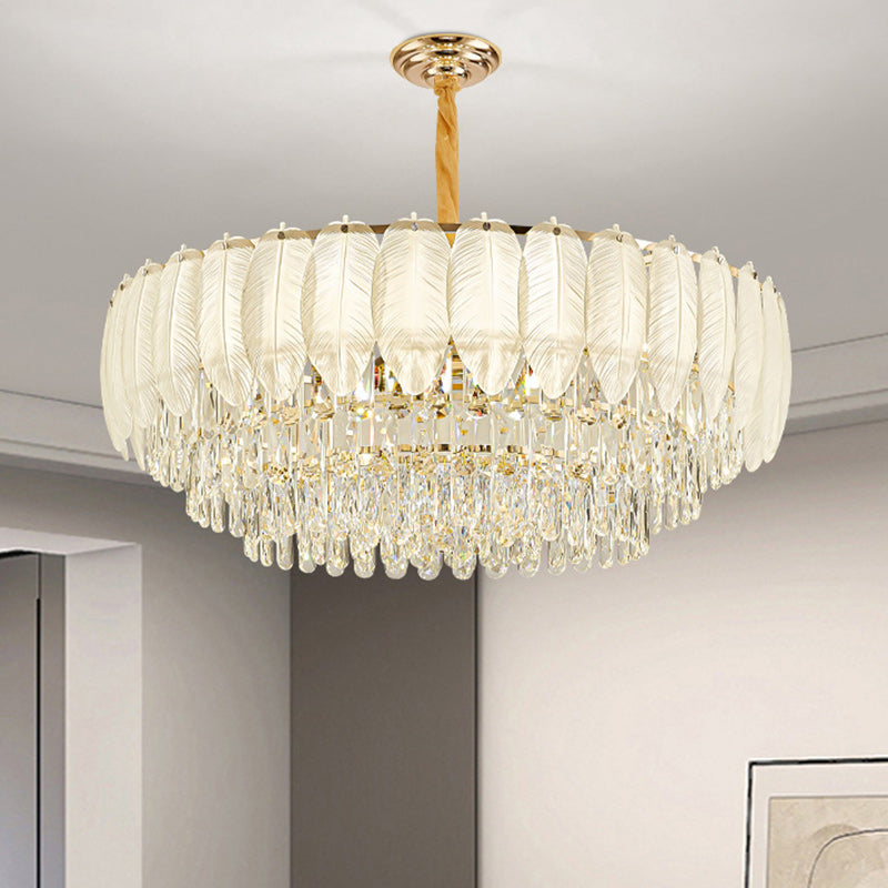 Lustre en fer rond à plumes crème traditionnel français avec cristaux 5/8/11/15/21 lumières pour salon 