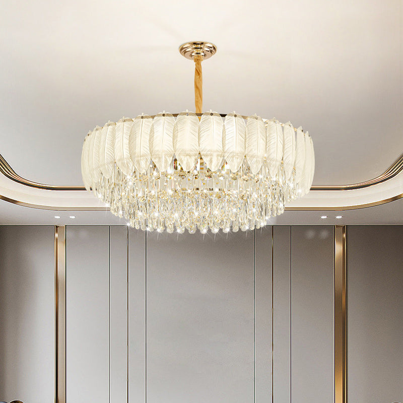 Lustre en fer rond à plumes crème traditionnel français avec cristaux 5/8/11/15/21 lumières pour salon 