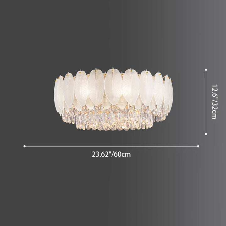 Traditional French Cream Feather Round Iron Crystal 9/15 Light Flush Mount Ceiling Light For Living Room