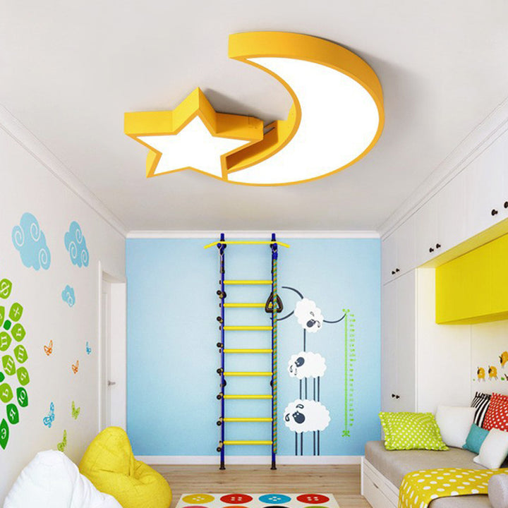 Contemporary Creative Kids Macaroon Moon Stars Iron Acrylic LED Flush Mount Ceiling Light For Bedroom