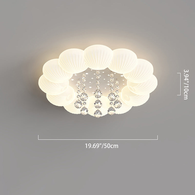 Contemporary Creative Cream Round Shell Petal Moon Star Iron Acrylic PE Crystal LED Flush Mount Ceiling Light For Bedroom
