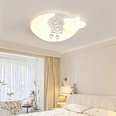 Contemporary Creative Cream Round Shell Petal Moon Star Iron Acrylic PE Crystal LED Flush Mount Ceiling Light For Bedroom