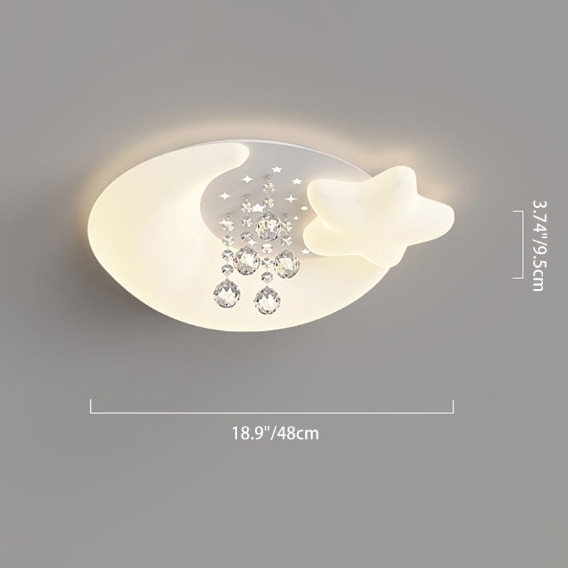 Contemporary Creative Cream Round Shell Petal Moon Star Iron Acrylic PE Crystal LED Flush Mount Ceiling Light For Bedroom