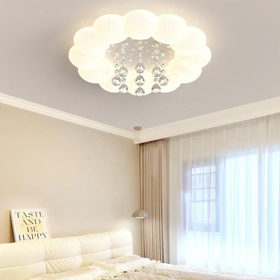Contemporary Creative Cream Round Shell Petal Moon Star Iron Acrylic PE Crystal LED Flush Mount Ceiling Light For Bedroom