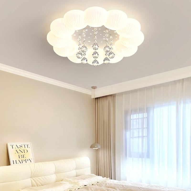 Contemporary Creative Cream Round Shell Petal Moon Star Iron Acrylic PE Crystal LED Flush Mount Ceiling Light For Bedroom