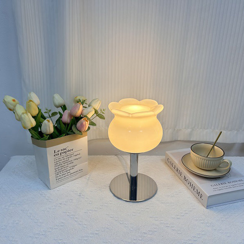 Contemporary Creative Cream Bell Orchid Flower Round Iron Glass 1-Light Table Lamp For Bedroom