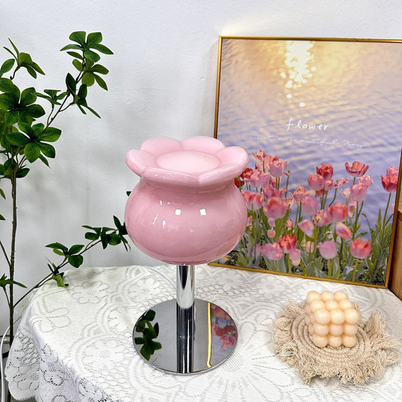 Contemporary Creative Cream Bell Orchid Flower Round Iron Glass 1-Light Table Lamp For Bedroom