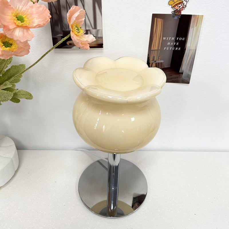 Contemporary Creative Cream Bell Orchid Flower Round Iron Glass 1-Light Table Lamp For Bedroom