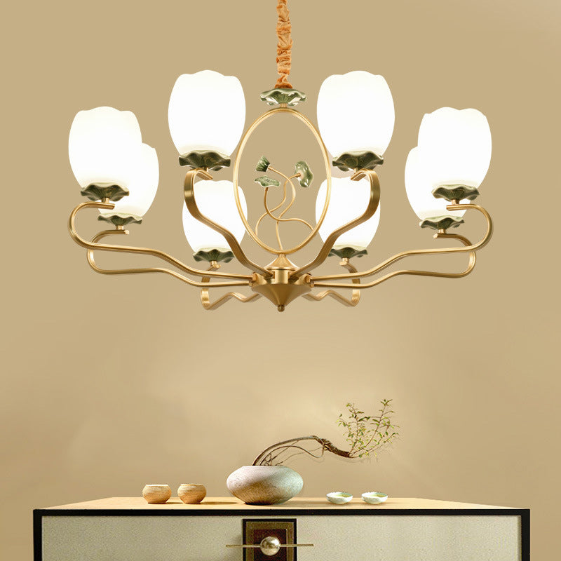 Traditioneller chinesischer Lotus-Rundkupfer-Keramik-Glas 3/6/8 Licht-Kronleuchter für Wohnzimmer 