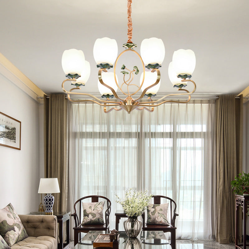Traditioneller chinesischer Lotus-Rundkupfer-Keramik-Glas 3/6/8 Licht-Kronleuchter für Wohnzimmer 