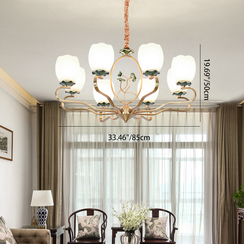 Traditioneller chinesischer Lotus-Rundkupfer-Keramik-Glas 3/6/8 Licht-Kronleuchter für Wohnzimmer 