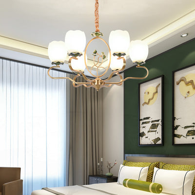 Traditioneller chinesischer Lotus-Rundkupfer-Keramik-Glas 3/6/8 Licht-Kronleuchter für Wohnzimmer 