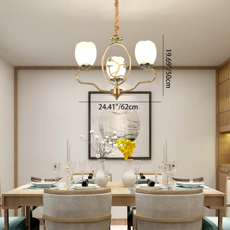 Traditioneller chinesischer Lotus-Rundkupfer-Keramik-Glas 3/6/8 Licht-Kronleuchter für Wohnzimmer 